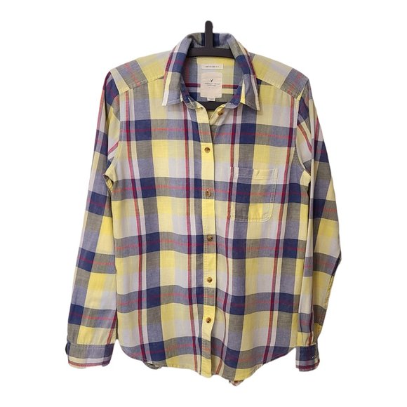 AE Yellow and Blue Boyfriend Fit Long Sleeve Button Up - Size Small - Picture 3 of 6